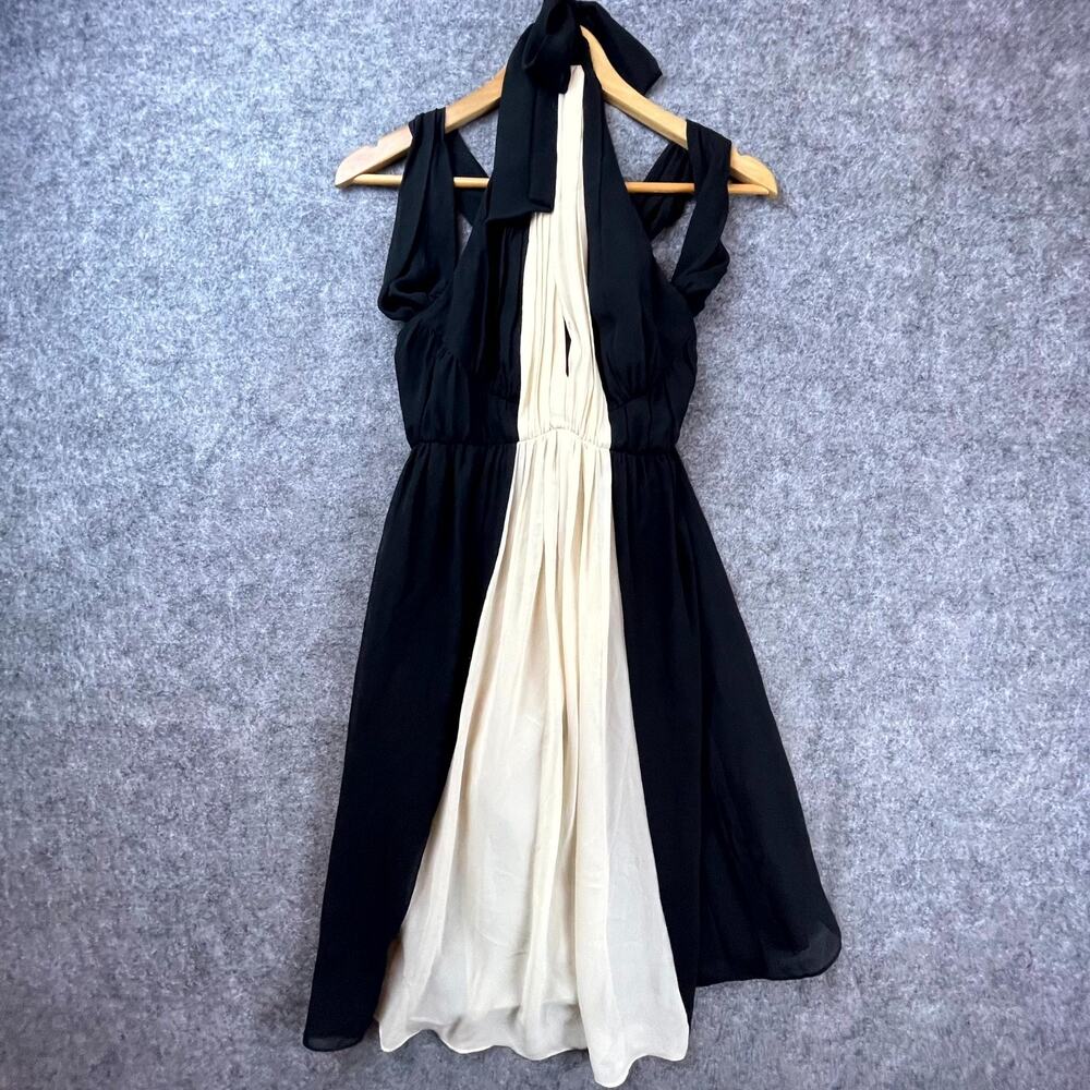 London Times Dress Womens 2 Black Cream Y2K Flowy Straps Halter Twirl Retro Glam